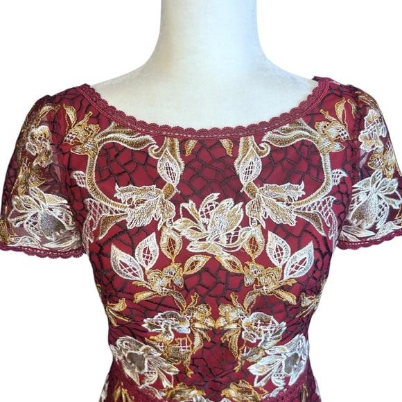 MARCHESA NOTTE Embroidered Guipure Tea Dress 4 Floral Metallic Holiday Party - Picture 9 of 16